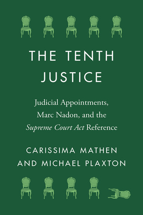 Cover: The Tenth Justice: Judicial Appointments, Marc Nadon, and the Supreme Court Act Reference, by Carissima Mathen and Michael Plaxton. illustration: above and below the title are horizontal rows of five light-green chairs, with the rightmost chair on the bottom row toppled over. The chairs are set on a dark green backgrond.