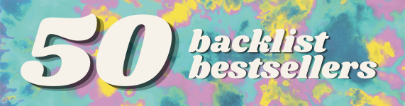 Tie-dye background in blue, purple, and yellow. The words 50 bestselling bestsellers is written in white vintage font.