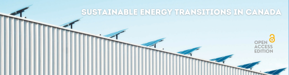 A bank of solar panels on the roof of a warehouse, angled toward the blue sky. Superimposed text reads: "Sustainable Energy Transitions in Canada, Open Access Edition."