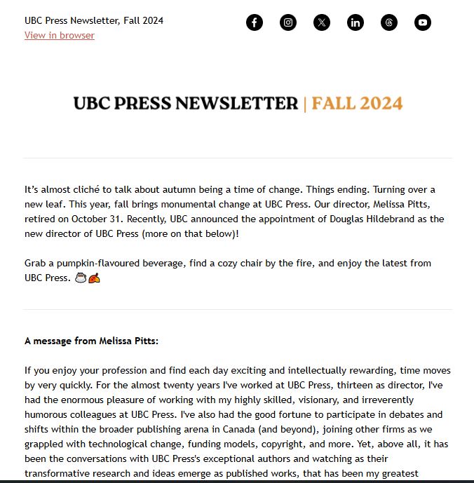 Screenshot of the UBC Press Fall 2024 Newsletter