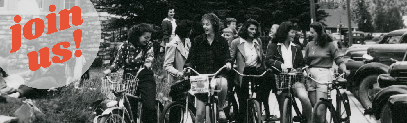 vintage photo of women on bicycles with text in top left corner in orange print saying "join us"