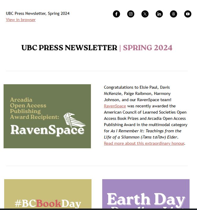 Screen capture of the UBC Press Spring 2024 Newsletter